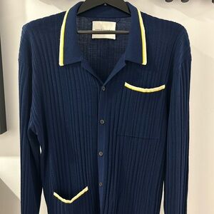 King & Tuckfield Navy Ribbed Merino Button-Up Shirt with Yellow Trim